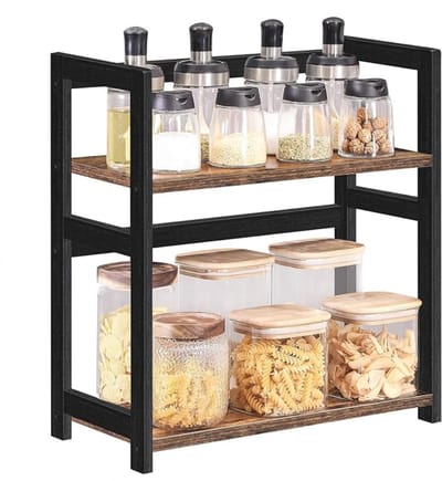 Verte Kruidenrek - Opbergrek met 2 Lagen - Bureau-Organizer - Bamboe Frame voor Keuken - Eetkamer - Kantoor - Rustiek Bruin en Zwart