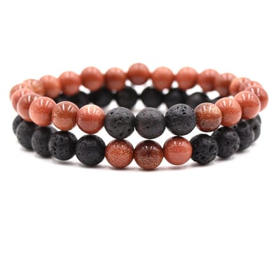 Bixorp Gems Dubbele Natuursteen Armband voor Man & Vrouw - Rood/Zwart contrast - Edelsteen Armband Cadeau - Lavasteen - 18cm