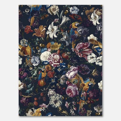 Poster op Papier - 45 x 60 cm - Papegaaien en bloemen op donkere achtergrond - PosterJunkie