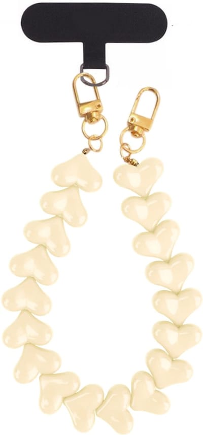 Telefoonkoord / Tashanger - Hartjes Beige | Lengte 33 cm | Acryl/Bijoux | Fashion Favorite