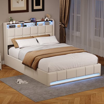 Gestoffeerd bed, tweepersoonsbed 160x200 cm, hydraulisch bed met ledverlichting en USB-oplaadpoort, beige linnen hoes, zonder matras (verzonden in 2 pakketten)