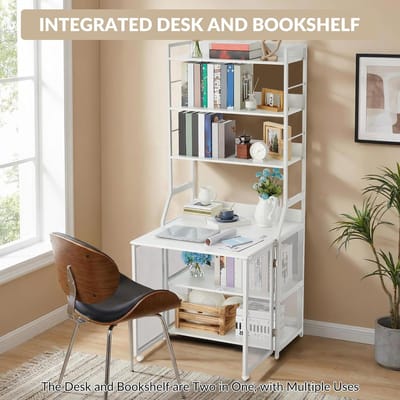 Industriële 2-in-1 bureau-boekenkast – 6 planken en ruime kast – Frame van metaal en massief hout-stevige opbergruimte voor kantoor of thuis-Wit