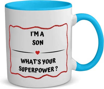 Akyol - i'm a son what's your superpower? koffiemok - theemok - blauw - Zoon - super zoon - verjaardag - cadeautje voor zoon - zoon artikelen - kado - geschenk - 350 ML inhoud