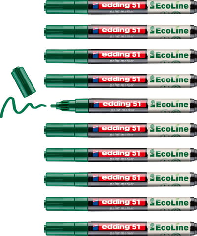 edding 51 EcoLine lakmarker op waterbasis groen 10 stuks - ronde punt 1-2 mm - laag VOS-gehalte - navulbaar - geschikt voor o.a. gladde, donkere en transparante oppervlaktes