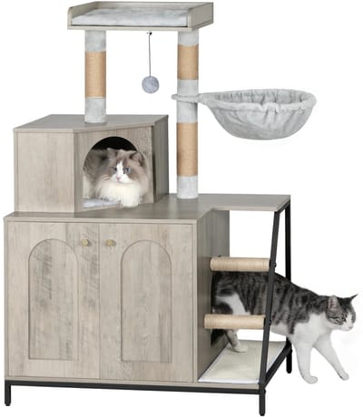 Krabpaal met Kattenbakkast - 4‑in‑1 Kattenhuis met Hangmat & Platform - 80×50×121 cm (B×D×H) - Kattenhuis met Sisal krabmat