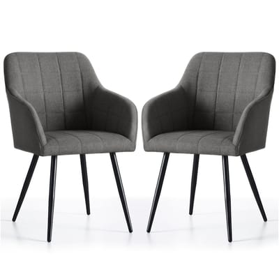 Set van 2 Eetkamerstoelen LUXANO met Armleuningen / Gestoffeerde Stoelen en Metalen Poten / Lumos-stof / Antraciet met zwarte benen