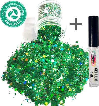 GlittersXL - Chunky Glitters (Groen) + Glitter Huid Lijm Biologisch Afbreekbaar [Volume 8g - Festival Jewels Glitter Outfit Lichaam en Gezicht - Make-up Diamond Dots Face Body - Diamantjes Strass Steentjes - Kinderen Volwassenen Dames Makeup Tattoo]