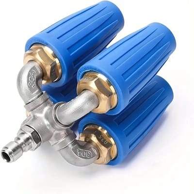 Hogedrukwaterpistool met roterende sproeikop van aluminiumlegering met vierweg roestvrijstalen waterleidingaansluiting (blauw)