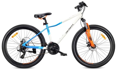 VERDANT CALIX Mountainbike 26", MTB-fiets voor dames en heren, fiets 6 inch - vering, schijfremmen, 21 versnellingen - Wit-Blauw-Oranje