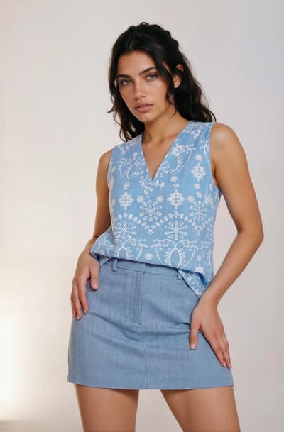 MI PIACE - Travel Top Mouwloos Print Denim Embroidery 2425 Bleached - Maat : XS