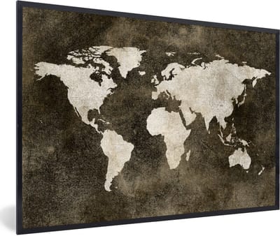Poster in lijst - Fotolijst 90x60 cm - Posters - Wereldkaart - Vintage - Sepia - Posterlijst zwart - Decoratie - Wanddecoratie woonkamer - Muurdecoratie slaapkamer
