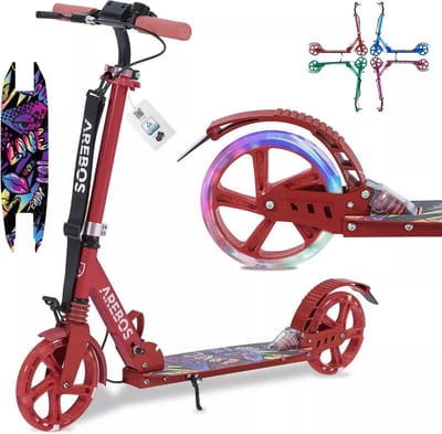 AREBOS Stepjes - Kinderstep - Voor Jongens en Meisjes vanaf 8 Jaar - tot 100kg - Lichtgevende Wielen - Fleshouder en Bel - Rood