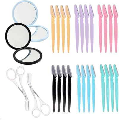 Complete 28-delige scheerset voor wenkbrauwen en gezicht, inclusief dermaplaning scheermesjes, trimmers en spiegels voor optimale gezichtsverzorging