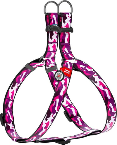 WAUDOG Pink Camo Harnas / Hondentuigje - Nylon - Gratis QR-tag - Breedte: 15 mm - Borstomtrek: 40 - 55 cm (GELIEVE ALVORENS BESTELLEN OPMETEN)