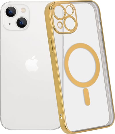 ShieldCase telefoonhoesje geschikt voor Apple iPhone 14 hoesje transparant Magneet metal coating - goud - Backcover case doorzichtig - Shockproof hoesje - Met oplaad ring