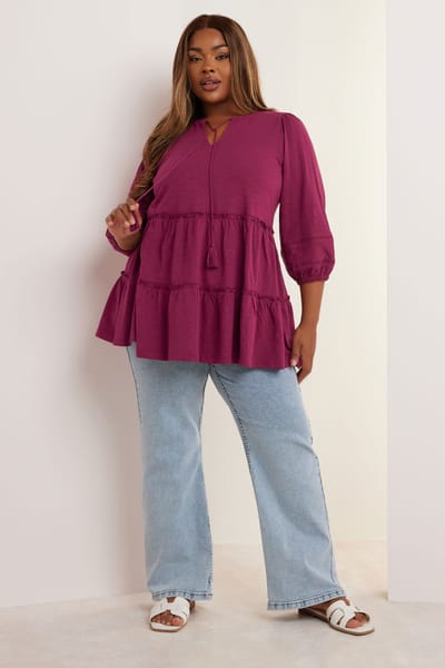 Yours Katoenen Top Met Ruches En Strikdetail In Bordeauxrood Size 42