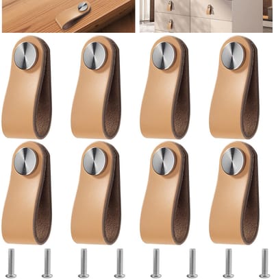 Cosensi - Meubelhendels - Vintage Deurgrepen - Beige Leer - Kastknoppen - Retro Interieur - Geschikt voor Keuken en Badkamer - 8 Stuks