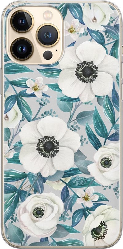 Leuke Telefoonhoesjes - Hoesje geschikt voor iPhone 13 Pro Max - Witte bloemen - Soft case - TPU - Bloemen - Blauw