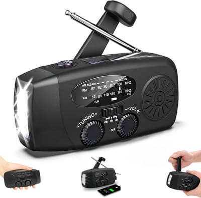 Draagbare noodradio - Powerbank 2000 mAh - Radio op zonne-energie - Noodpakket - oplaadbare draagbare handgenerator - AM/FM-radio - Zaklamp - SOS-functie - Powerbank - Ideaal voor kamperen en wandelen (zwart)