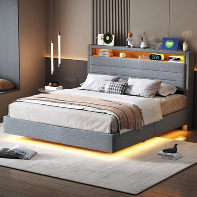 Wishdor – Gestoffeerd bed 140x200 cm – Hydraulisch – USB & LED – Draaibaar hoofdbord – Linnen grijs – Zwevend effect