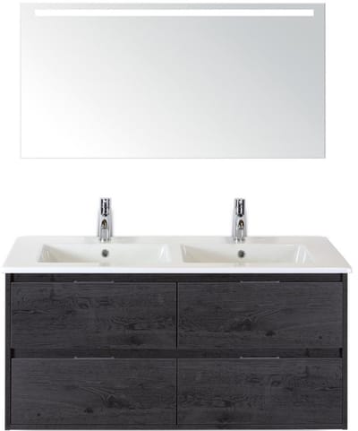 Porto Badmeubelset 120 cm - 4 Laden Black Oak - Keramische Wastafel Wit Slim met Sence Spiegel