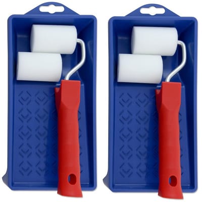 Veba Lakroller - 2x stuks - 5cm - schilderset - extra fijn met verfbak en beugel - Verfset - Schuim rollers