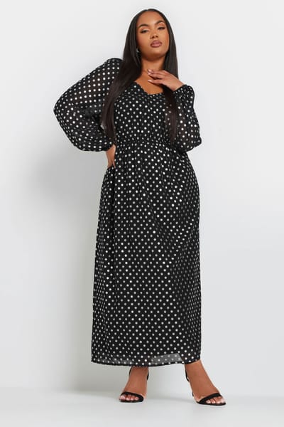 Yours Chiffon Maxijurk Met Stippenprint En Ballonmouwen In Zwart/Zilver Size 42