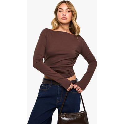 boohoo Dames Katoenen top met bootkraag en lange mouwen | Chocolate | Maat: 6