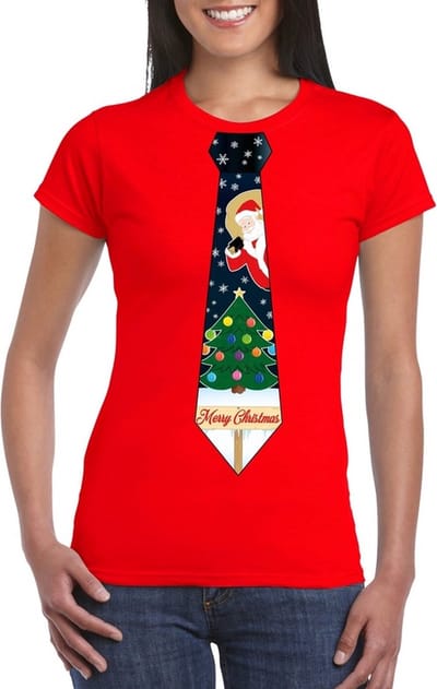 Fout kersttrui t-shirt - rood - met kerstboom stropdas print - voor dames S