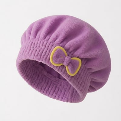 Paars microvezel haarhanddoek voor dames – sneldrogende haarmuts met elastische band en gele strik – zachte bad accessoire voor na het douchen