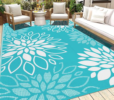 Outdoortapijt, weerbestendig, omkeerbaar voortenttapijt, uv-bestendig, balkontapijt, licht kunststof, voor camping, camper, tuin, terras, bloemen, turquoisegroen, 180 x 270 cm