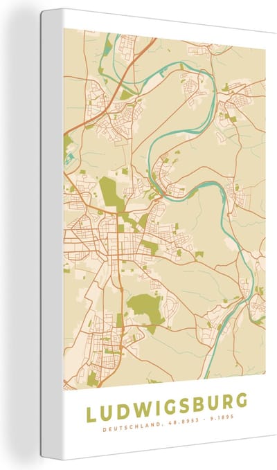 Canvas Schilderij Ludwigsburg - Kaart - Plattegrond - Stadskaart - Vintage - 20x30 cm - Wanddecoratie