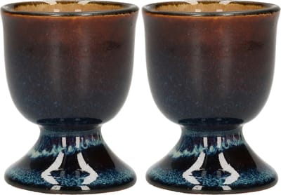 Cosy & Trendy Eierdopje - 2x stuks - porselein - blauw/bruin - 5 cm - eierdopjes