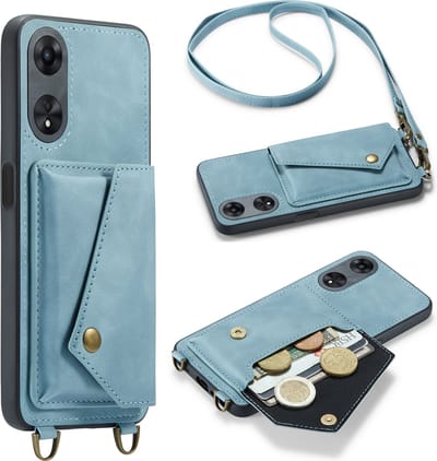 Casemania Hoesje Geschikt voor Oppo Reno 8T - Aqua Blue - Luxe Backcover met Koord en Magnetische Sluiting - Portemonnee Wallet Case met Pasjeshouder en Opbergvak - Lanyard Telefoonhoes - Cord Case