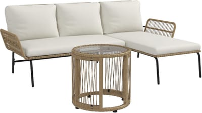 Merax Loungeset Tuin met Ligstoel - 2-Zits Bank en Tafel – Rattan Tuinmeubelen Set met Kussens – Balkon en Terras Set – Crème