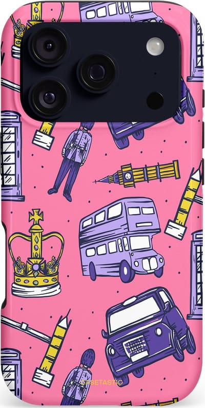 Casetastic hoesje geschikt voor Apple iPhone 17 Pro - MagSafe - Dubbellaagse bescherming - Brits London Roze Avontuur - Londen - Fashion Case - Koraal Lavendel Grijs Donkerblauw