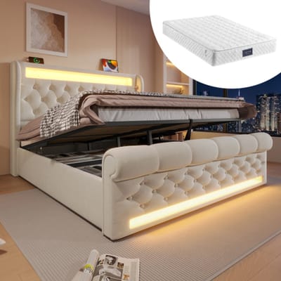 Gutent-Gestoffeerd tweepersoonsbed 160x200cm-opberghoofdeinde-hydraulisch opbergbed-beige-fluweel (met matras)