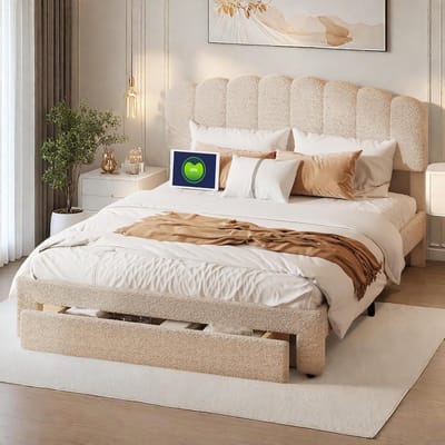 Tweepersoonsbed met opbergruimte - Jeugdbed ribbodem - Comfortabel slapen - Geïntegreerde USB-oplaadfunctie - 140 x 200 cm - Beige
