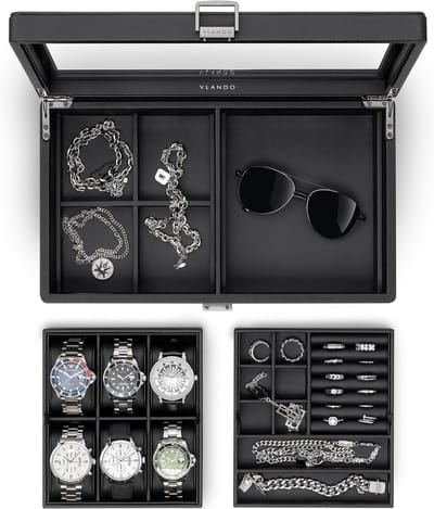 Horlogedoos voor Heren met Glazen Deksel - Multifunctionele Sieraden- en Horlogeopslag met 6 Horlogekussens