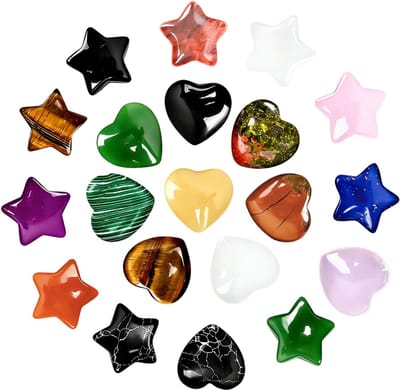 20 Stuks Natuurlijke Edelstenen voor Kinderen, 10 Hartjes & 10 Sterren, Kleurrijke Kristallen voor Chakra, Reiki en Verzamelaars