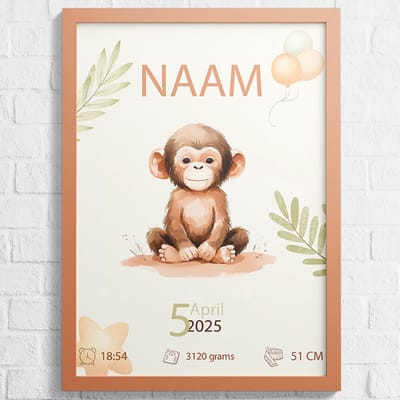 Babyposter - Aap - Gepersonaliseerd met naam en geboorte gegevens - Poster voor baby - 30 x 40 cm - Baby posters