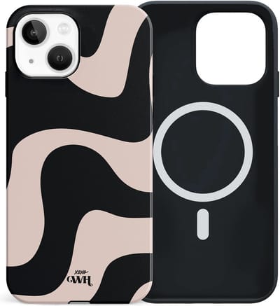 xoxo Wildhearts siliconen hoesje geschikt voor iPhone 13 MagSafe hoesje - Ride With Me - Double Layer - Magnetisch telefoonhoesje - Magneet case - Backcover met dubbele beschermlaag - Golvenprint - Golvend patroon - golven - Beige / Zwart
