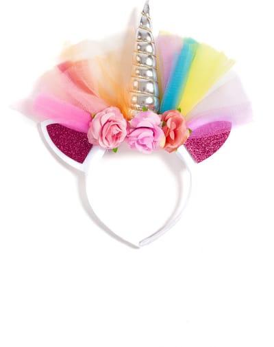 KIMU® Eenhoorn Haarband Zilver Regenboog Tule - Unicorn Diadeem Oortjes Bloemen - Zilveren Hoorn Bloemetjes Roze Paars Festival