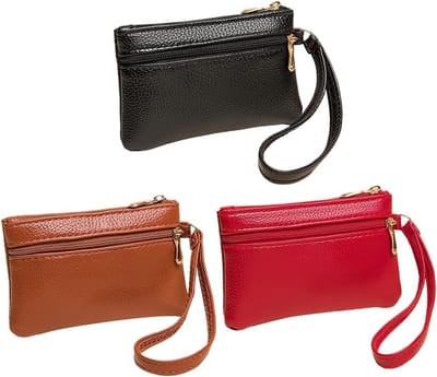 SnelShoppen - 3 Stuks PU Lederen Portemonnee Pouch in 3 Kleuren - Slanke Polsband Sleutelhanger Rits Portemonnee voor Mannen en Vrouwen - Dubbellaags