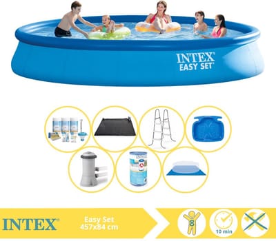 Intex Rond Opblaasbaar Easy Set Zwembad - 457 x 84 cm - Blauw - Inclusief Pomp - Onderhoudspakket - Filter - Grondzeil - Solar Mat - Ladder - Voetenbad - 8-delig