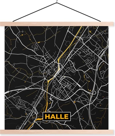 Posterhanger incl. Poster 40x40 cm - Schoolplaat - Plattegrond - Stadskaart - Kaart - Halle - Goud - Textielposter - Blanke latten - Stadskaart