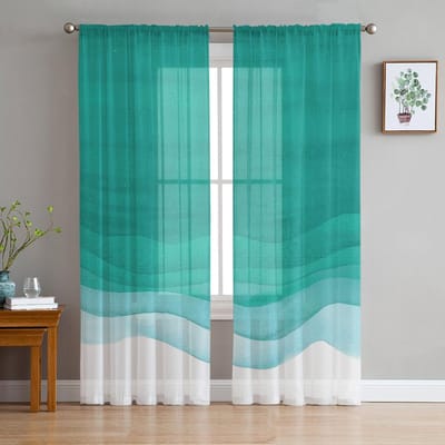 Verloop Cyaan Waterverf Tule Gordijnen Voor Woonkamer Decoratie Modern Chiffon Transparant Voile Keukengordijn 135W x 114H(cm) blue