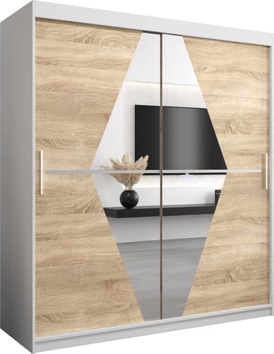 InspireMe - Kledingkast met 2 schuifdeuren, Modern-stijl, Een kledingkast met planken en een spiegel (BxHxD): 180x200x62 - BOLA 180 Wit Mat + Sonoma Eik