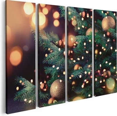 Artaza Canvas Schilderij Vierluik Versierde Kerstboom Met Lichtjes - 80x60 - Foto Op Canvas - Canvas Print
