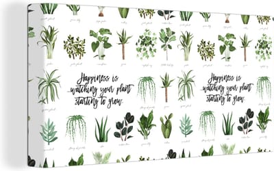 Canvas Schilderij Spreuken - Quotes - Happiness is... watching your plant starting to grow - Planten - 40x20 cm - Wanddecoratie